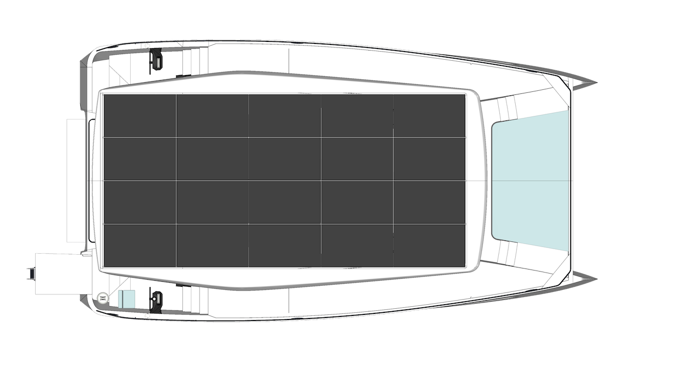 Layout of a solar powered catamaran - top layer showing solar panels