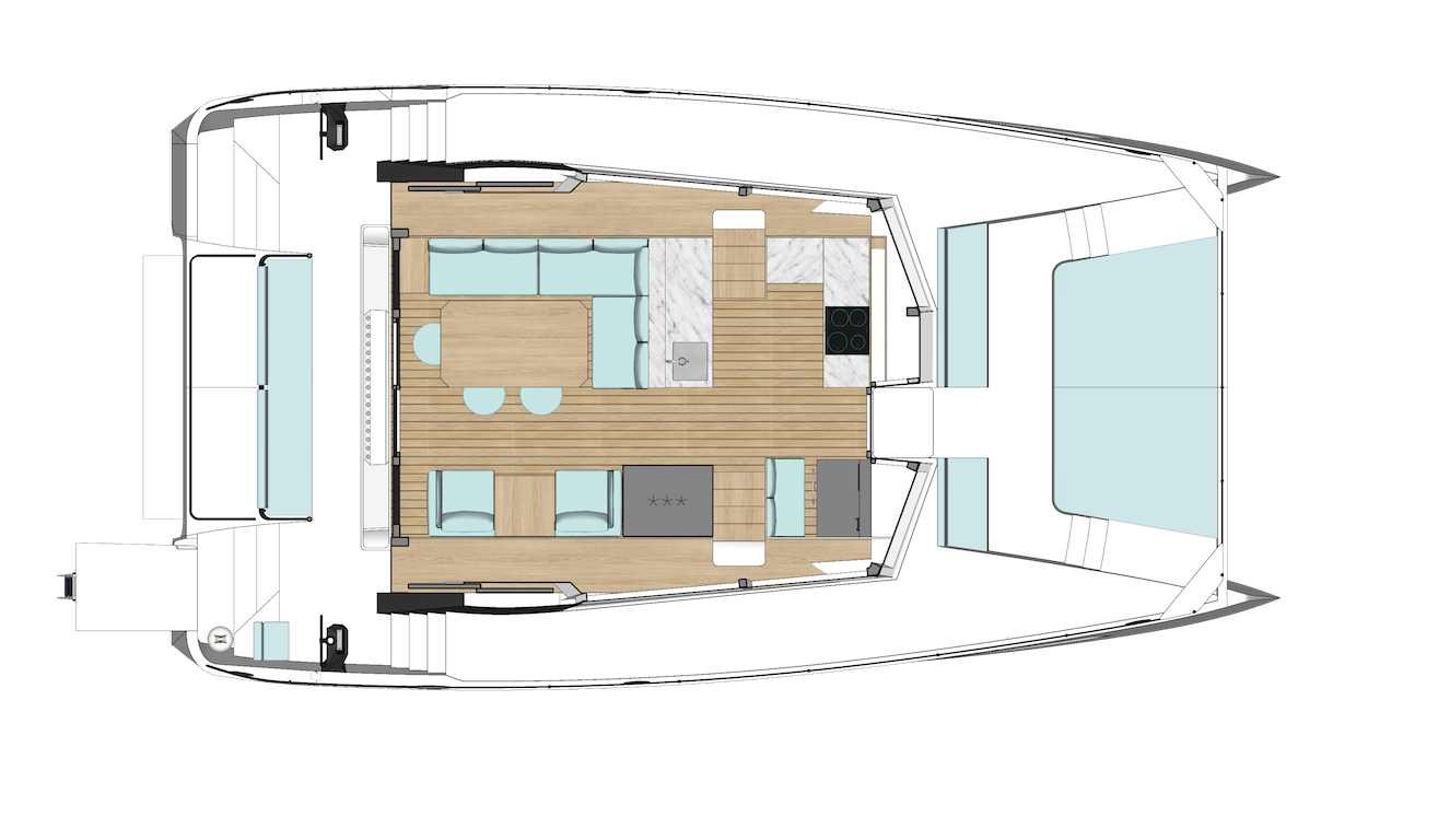 Layout of a solar powered catamaran - middle layer showing living area layout