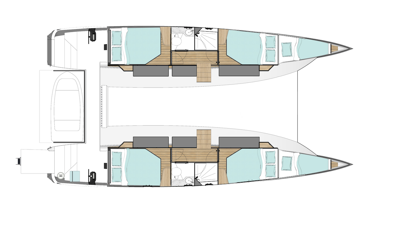 Layout of a solar powered catamaran - middle layer showing berth layout