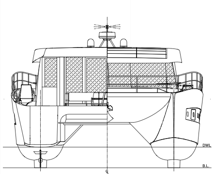 technical drawing of a solar powered catamaran