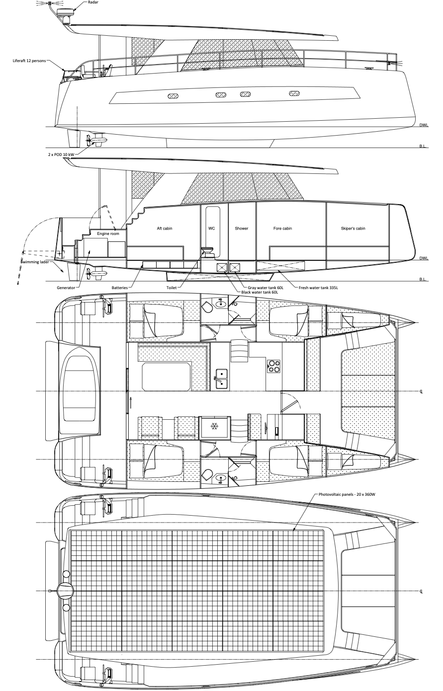 technical drawing of a solar powered catamaran